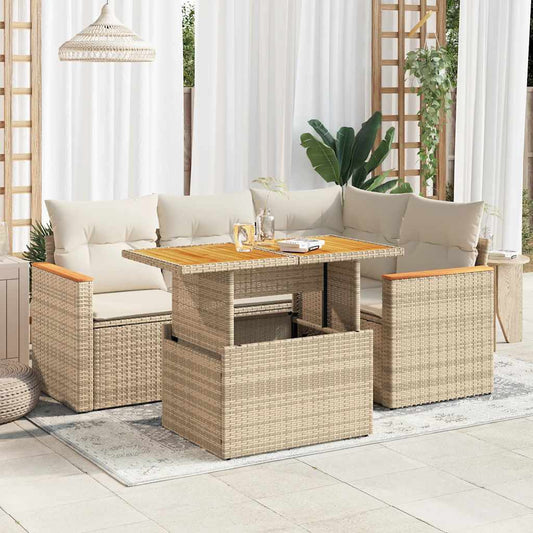 5-tlg. Garten-Sofagarnitur mit Kissen Beige Poly Rattan Akazie