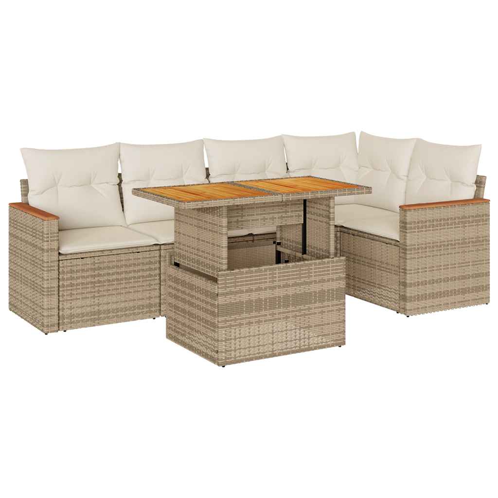 6-tlg. Garten-Sofagarnitur mit Kissen Beige Poly Rattan Akazie