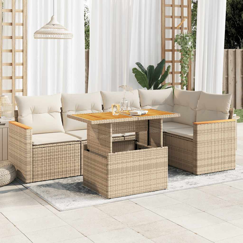 6-tlg. Garten-Sofagarnitur mit Kissen Beige Poly Rattan Akazie