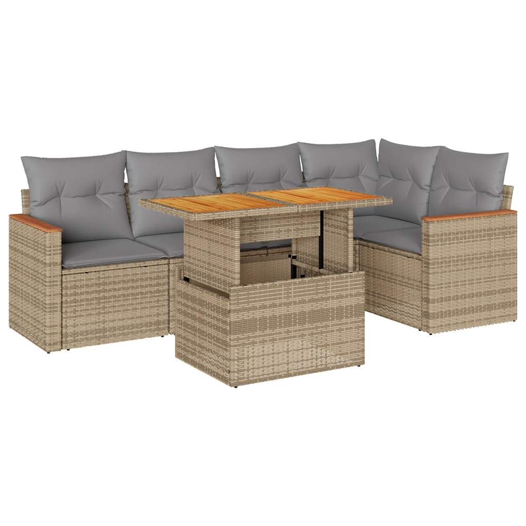 6-tlg. Garten-Sofagarnitur mit Kissen Beige Poly Rattan Akazie