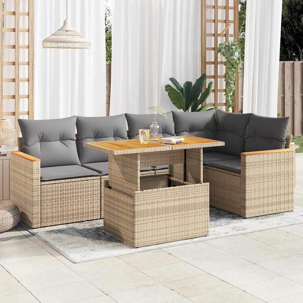 6-tlg. Garten-Sofagarnitur mit Kissen Beige Poly Rattan Akazie