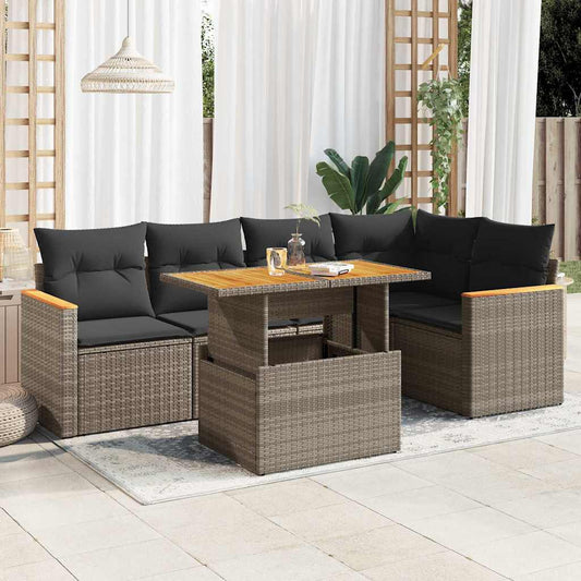 6-tlg. Garten-Sofagarnitur mit Kissen Grau Poly Rattan Akazie