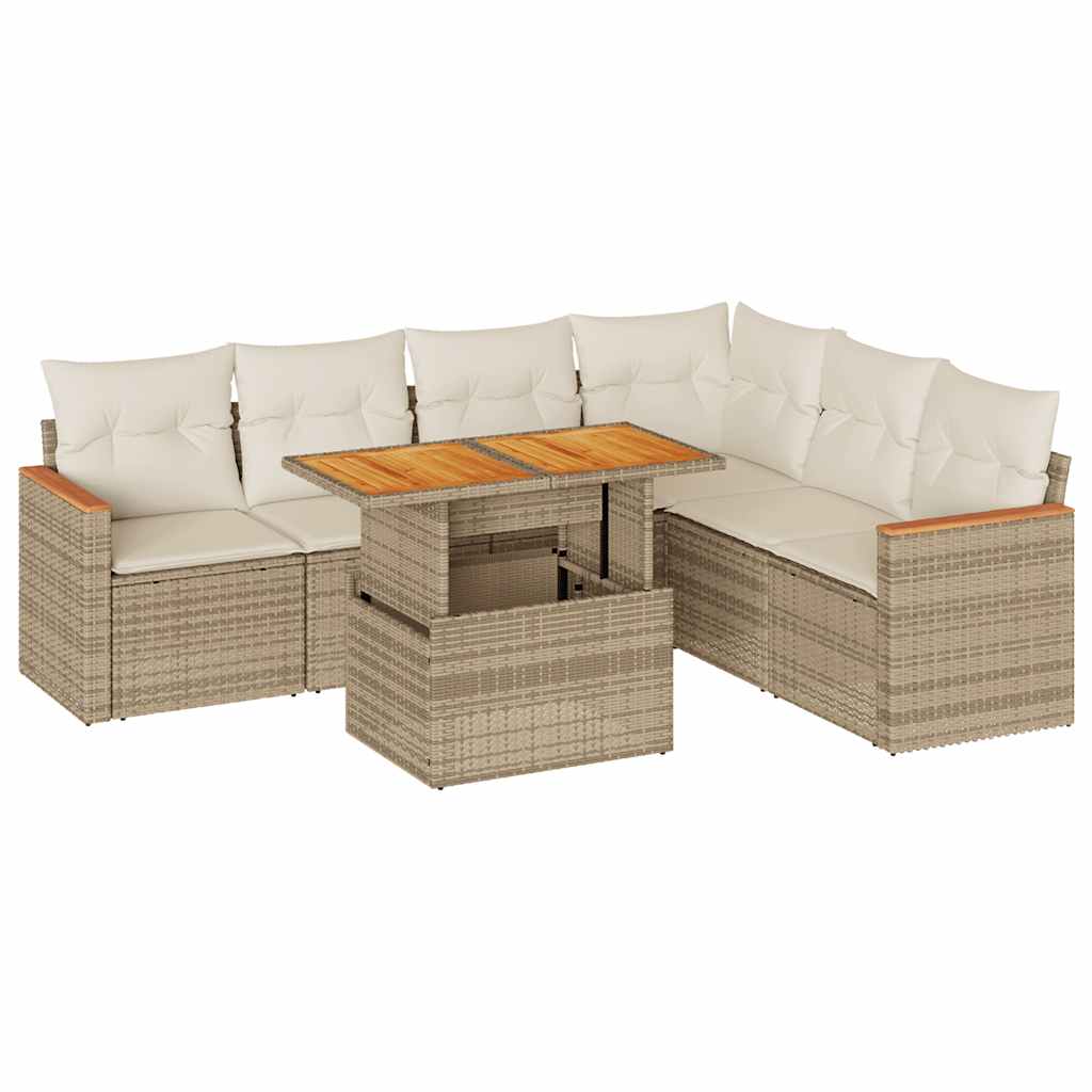 7-tlg. Garten-Sofagarnitur mit Kissen Beige Poly Rattan Akazie