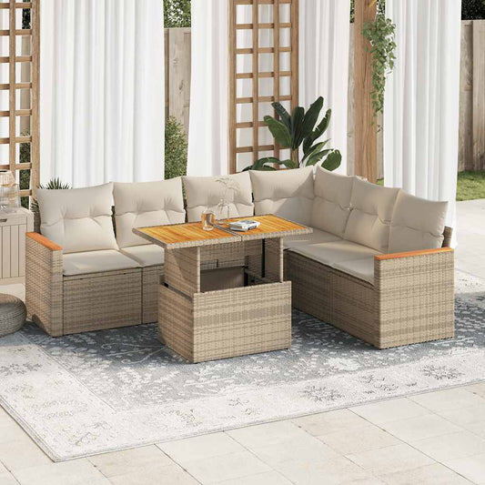 7-tlg. Garten-Sofagarnitur mit Kissen Beige Poly Rattan Akazie