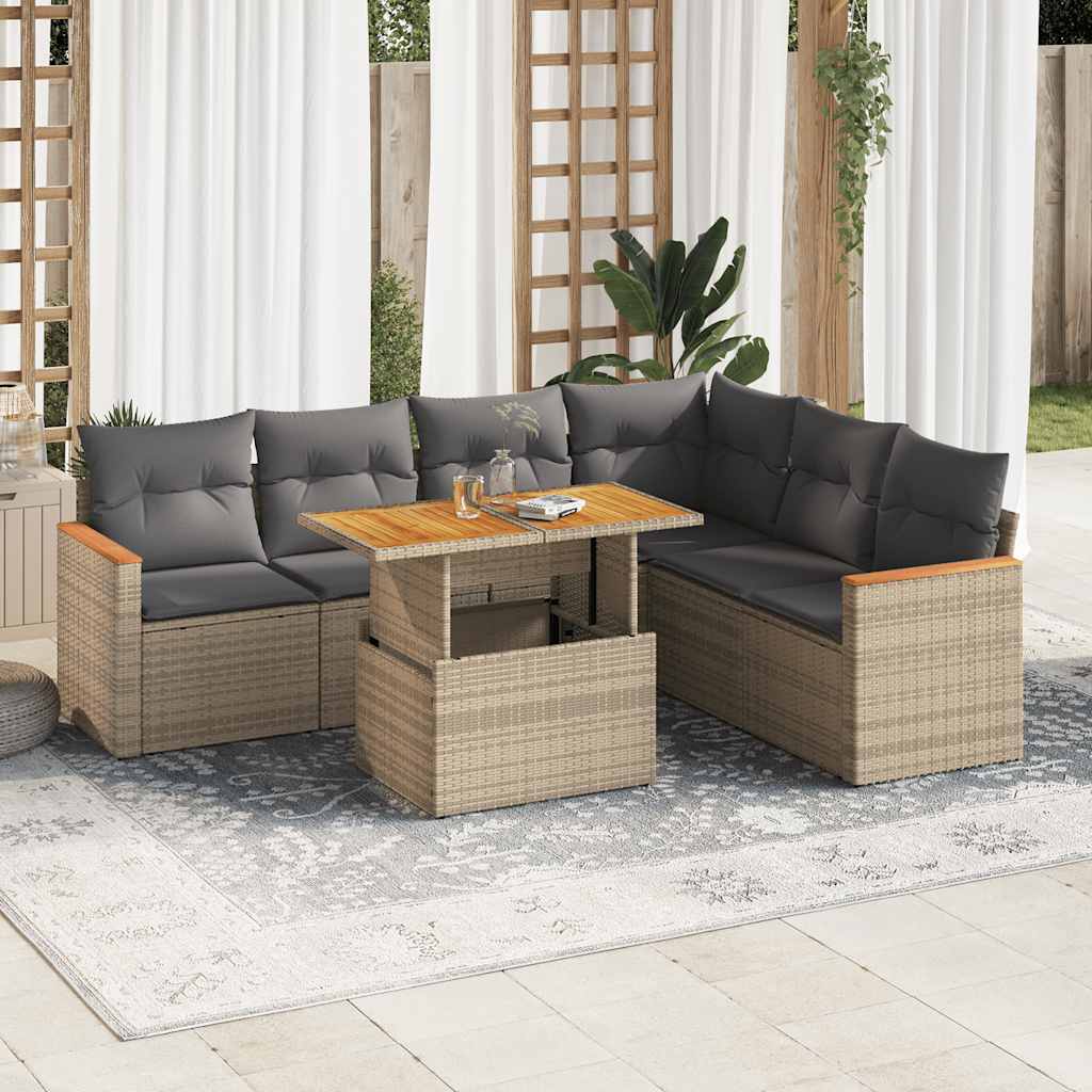 7-tlg. Garten-Sofagarnitur mit Kissen Beige Poly Rattan Akazie