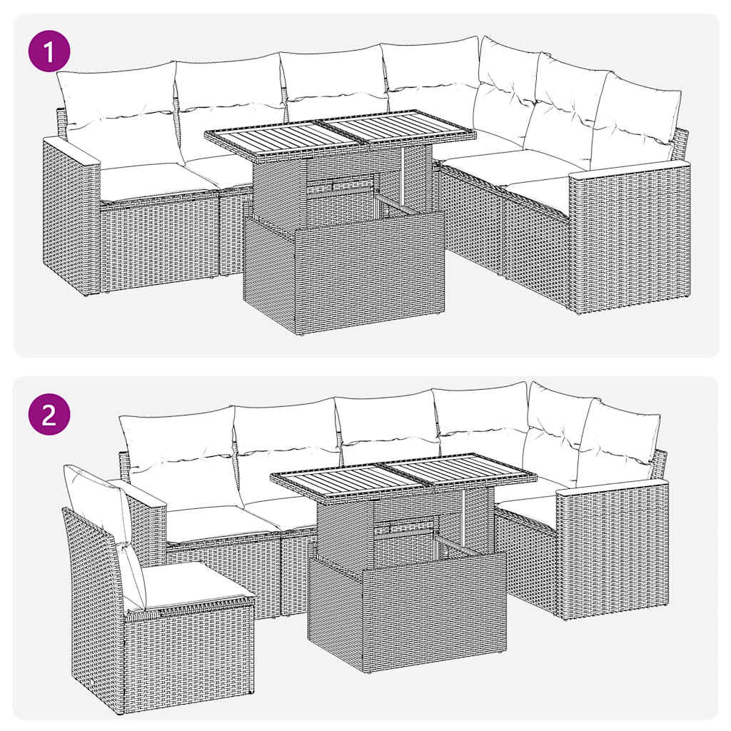 7-tlg. Garten-Sofagarnitur mit Kissen Grau Poly Rattan Akazie