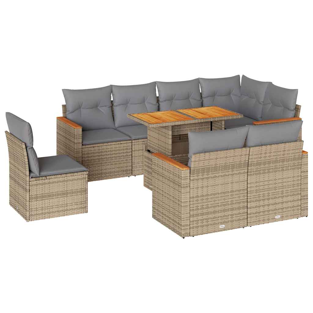 9-tlg. Garten-Sofagarnitur mit Kissen Beige Poly Rattan Akazie