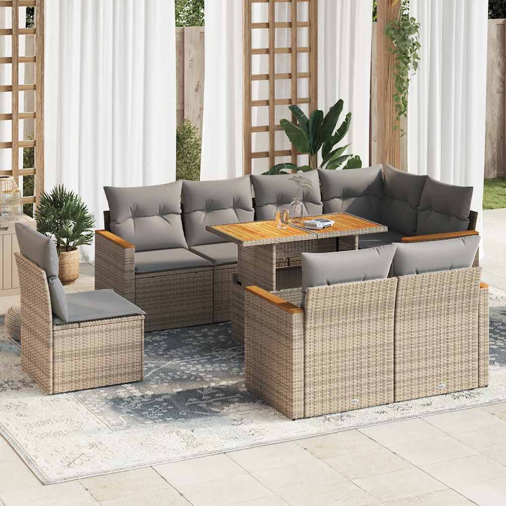 9-tlg. Garten-Sofagarnitur mit Kissen Beige Poly Rattan Akazie