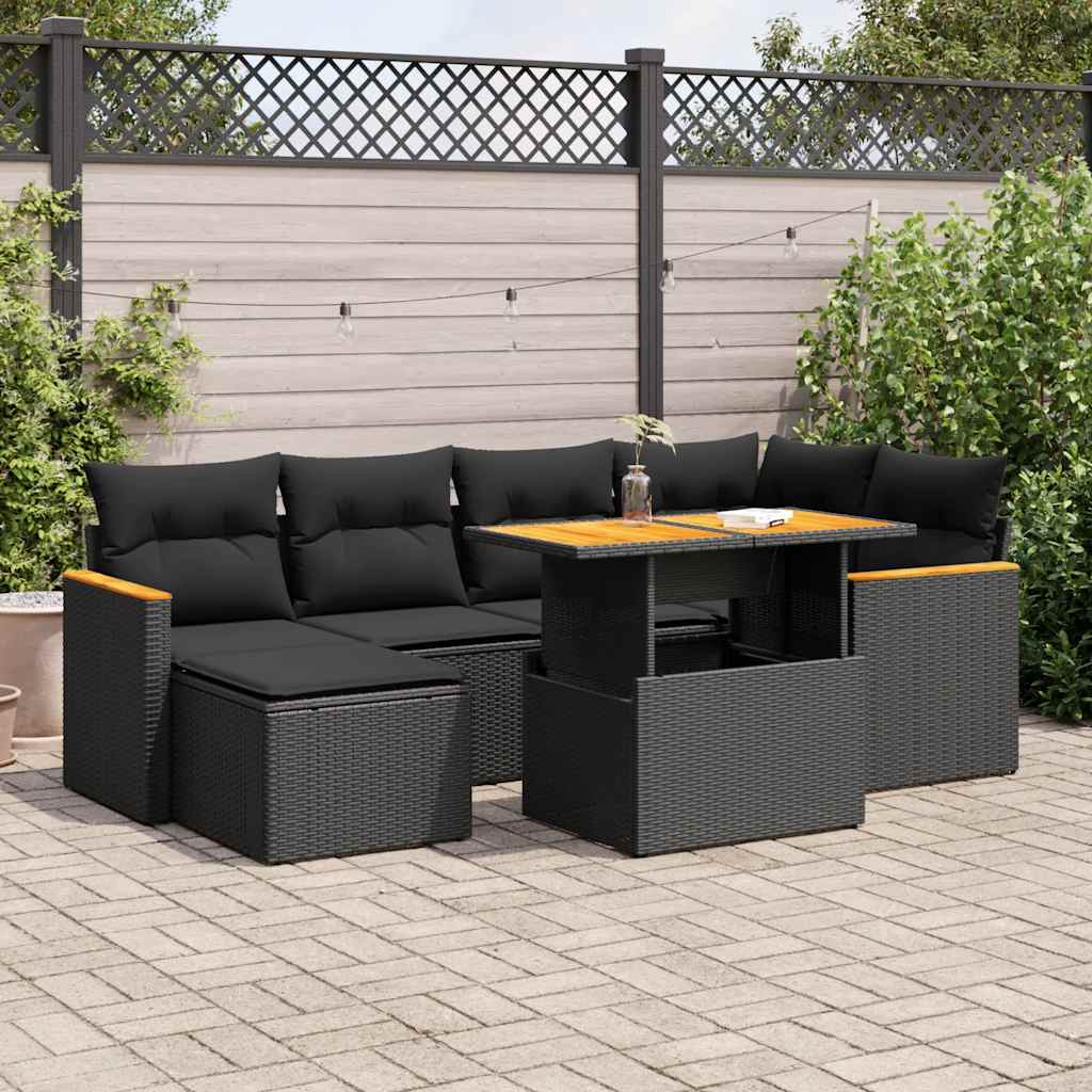 7-tlg. Garten-Sofagarnitur mit Kissen Schwarz Poly Rattan