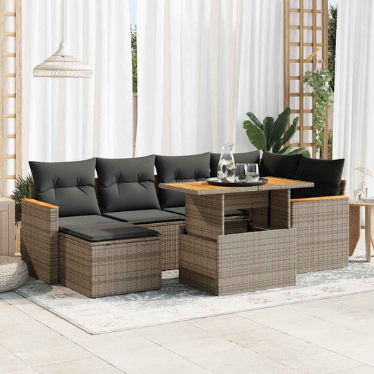 7-tlg. Garten-Sofagarnitur mit Kissen Grau Poly Rattan Akazie