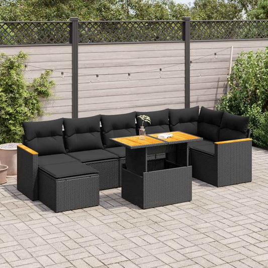 8-tlg. Garten-Sofagarnitur mit Kissen Schwarz Poly Rattan