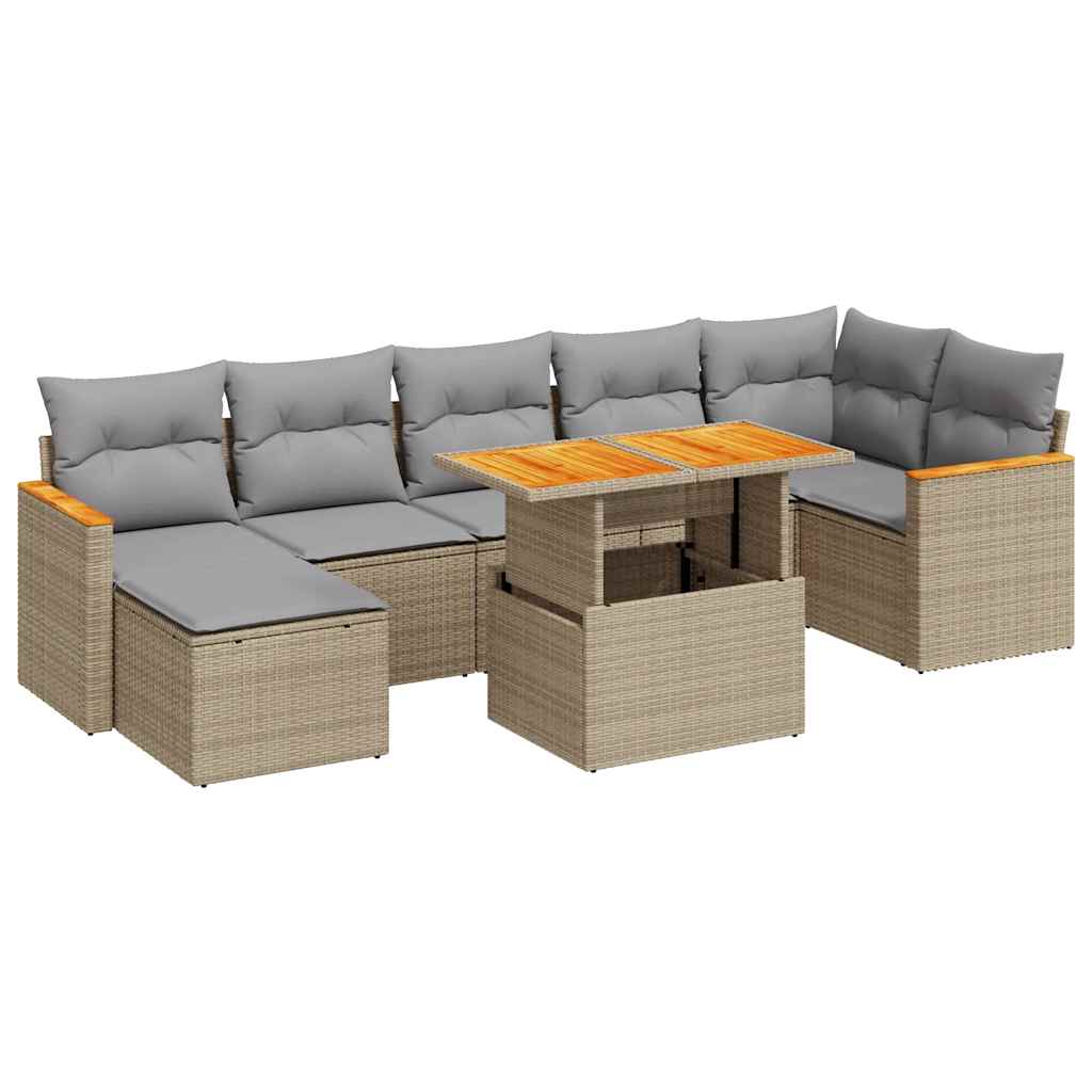 8-tlg. Garten-Sofagarnitur mit Kissen Beige Poly Rattan Akazie