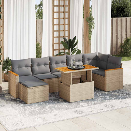 8-tlg. Garten-Sofagarnitur mit Kissen Beige Poly Rattan Akazie