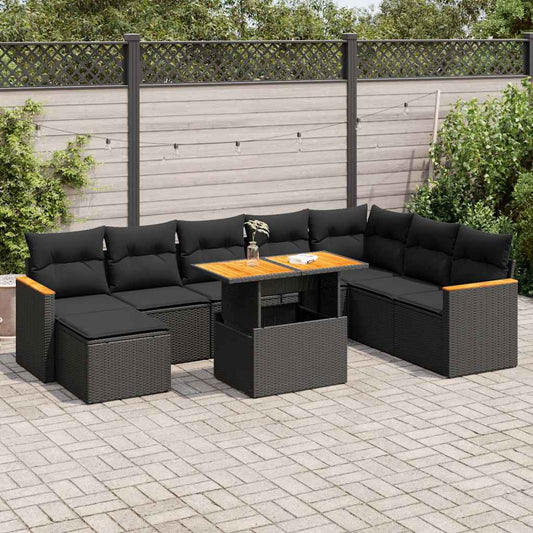 9-tlg. Garten-Sofagarnitur mit Kissen Schwarz Poly Rattan