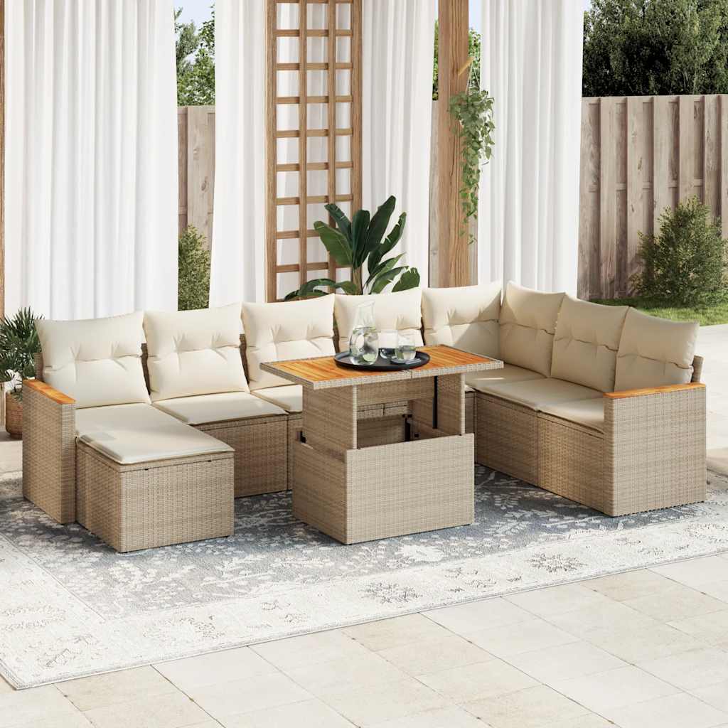 9-tlg. Garten-Sofagarnitur mit Kissen Beige Poly Rattan Akazie