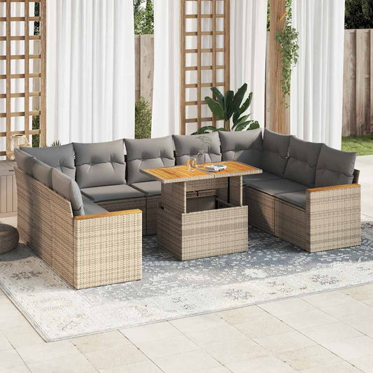 10-tlg. Garten-Sofagarnitur mit Kissen Beige Poly Rattan Akazie