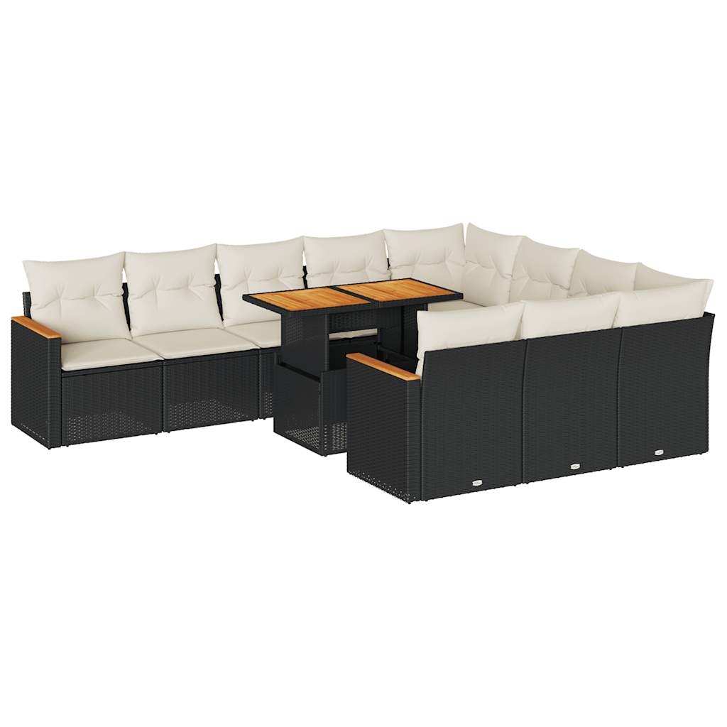 11-tlg. Garten-Sofagarnitur mit Kissen Schwarz Poly Rattan