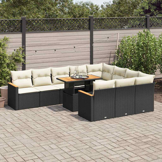 11-tlg. Garten-Sofagarnitur mit Kissen Schwarz Poly Rattan