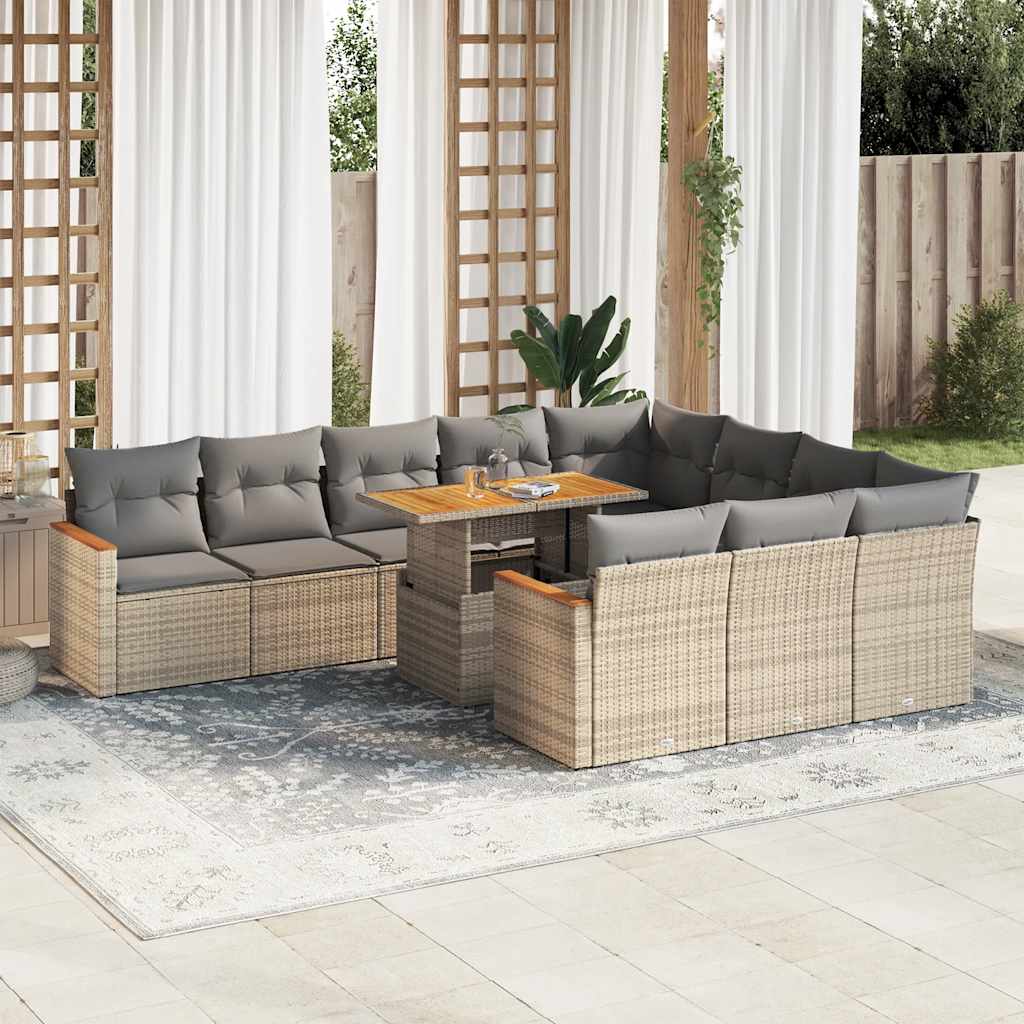 11-tlg. Garten-Sofagarnitur mit Kissen Beige Poly Rattan Akazie