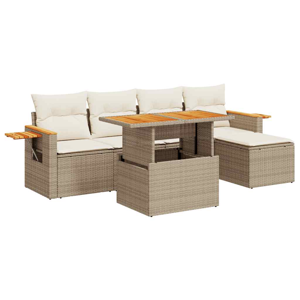 6-tlg. Garten-Sofagarnitur mit Kissen Beige Poly Rattan Akazie