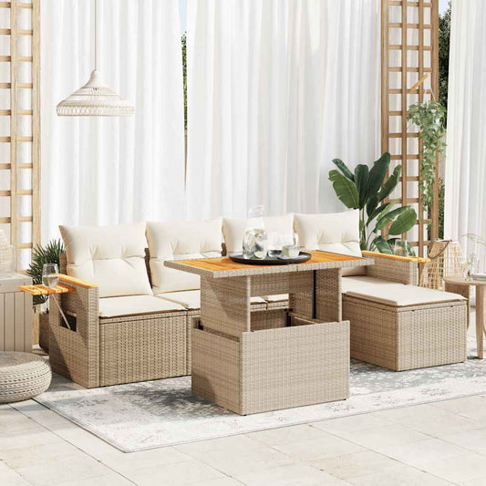 6-tlg. Garten-Sofagarnitur mit Kissen Beige Poly Rattan Akazie