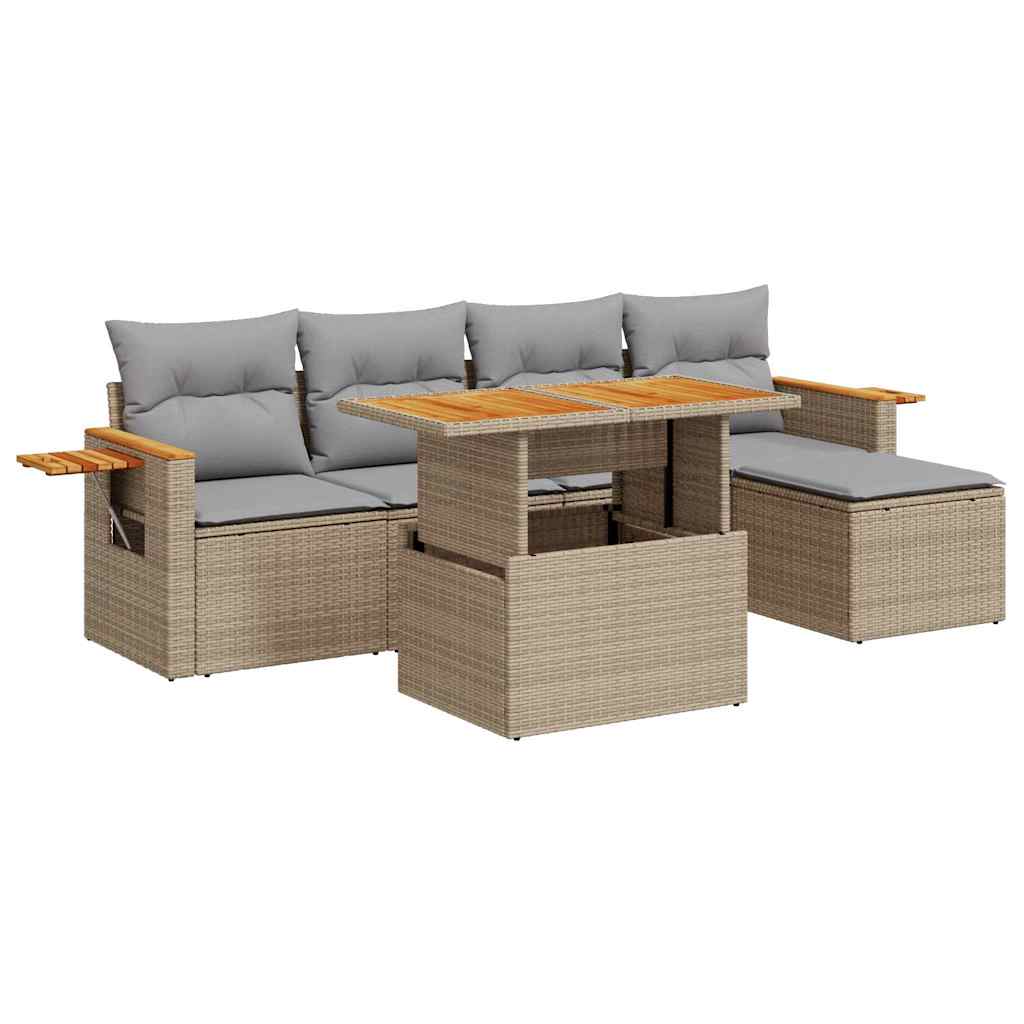 6-tlg. Garten-Sofagarnitur mit Kissen Beige Poly Rattan Akazie