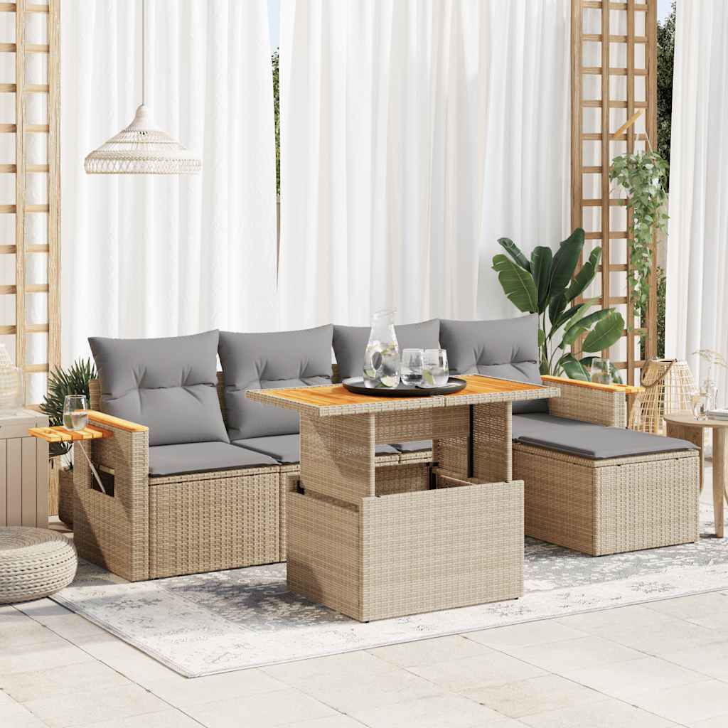 6-tlg. Garten-Sofagarnitur mit Kissen Beige Poly Rattan Akazie