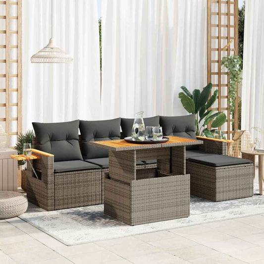 6-tlg. Garten-Sofagarnitur mit Kissen Grau Poly Rattan Akazie