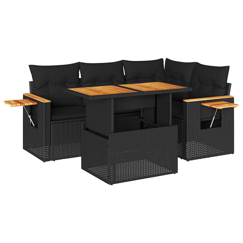 5tlg. Garten-Sofagarnitur mit Kissen Schwarz Poly Rattan Akazie