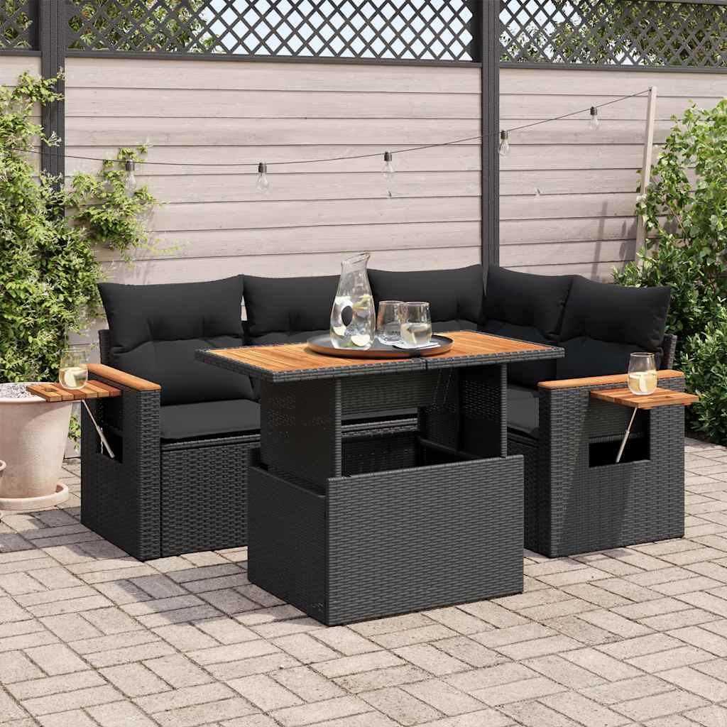 5tlg. Garten-Sofagarnitur mit Kissen Schwarz Poly Rattan Akazie