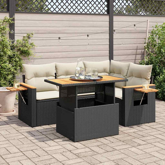 5tlg. Garten-Sofagarnitur mit Kissen Schwarz Poly Rattan Akazie