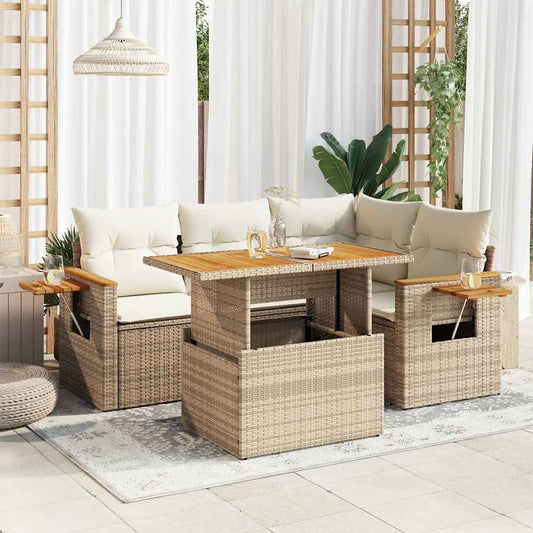 5-tlg. Garten-Sofagarnitur mit Kissen Beige Poly Rattan Akazie