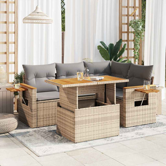 5-tlg. Garten-Sofagarnitur mit Kissen Beige Poly Rattan Akazie