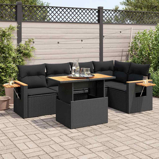 6-tlg. Garten-Sofagarnitur mit Kissen Schwarz Poly Rattan