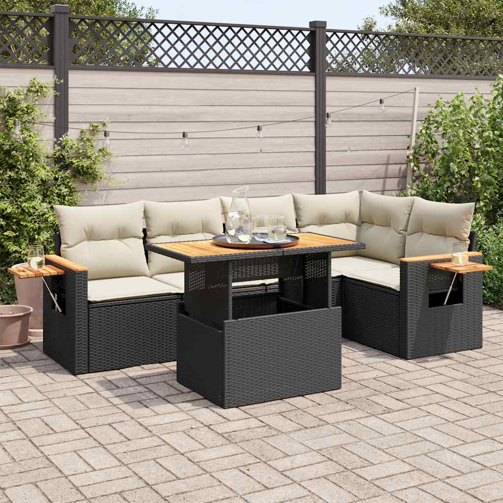 6-tlg. Garten-Sofagarnitur mit Kissen Schwarz Poly Rattan