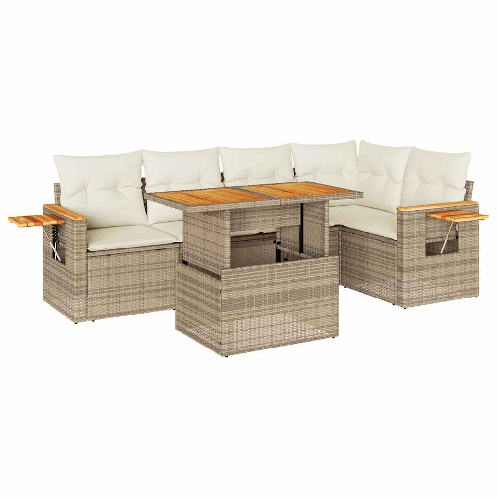 6-tlg. Garten-Sofagarnitur mit Kissen Beige Poly Rattan Akazie