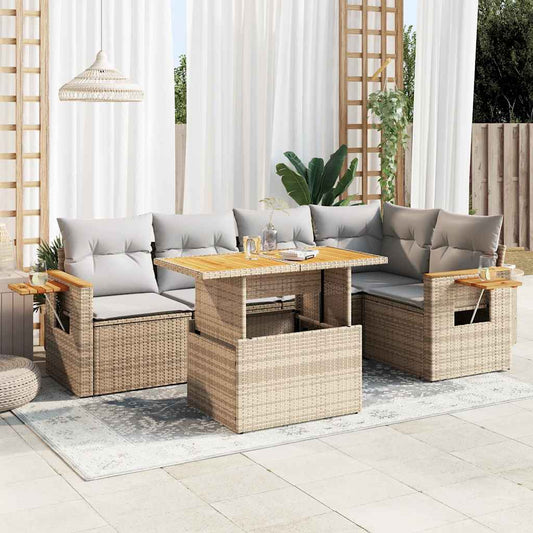 6-tlg. Garten-Sofagarnitur mit Kissen Beige Poly Rattan Akazie