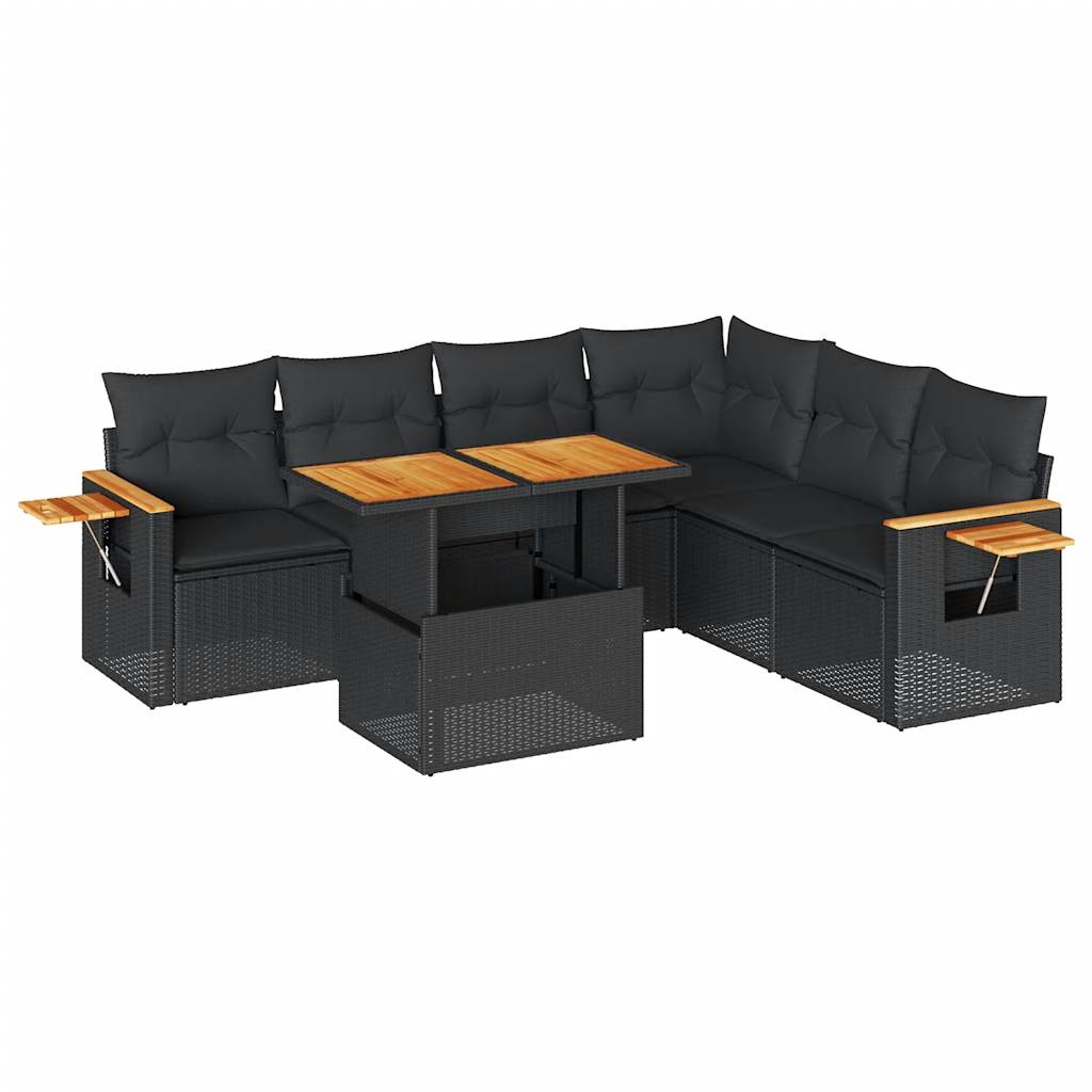 7-tlg. Garten-Sofagarnitur mit Kissen Schwarz Poly Rattan