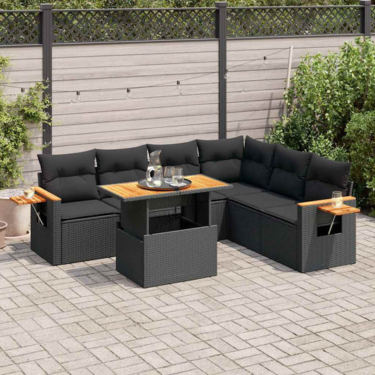 7-tlg. Garten-Sofagarnitur mit Kissen Schwarz Poly Rattan