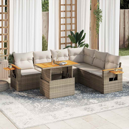 7-tlg. Garten-Sofagarnitur mit Kissen Beige Poly Rattan Akazie