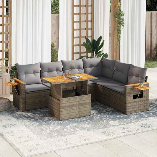 7-tlg. Garten-Sofagarnitur mit Kissen Beige Poly Rattan Akazie