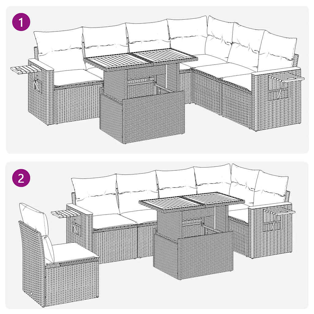 7-tlg. Garten-Sofagarnitur mit Kissen Grau Poly Rattan Akazie