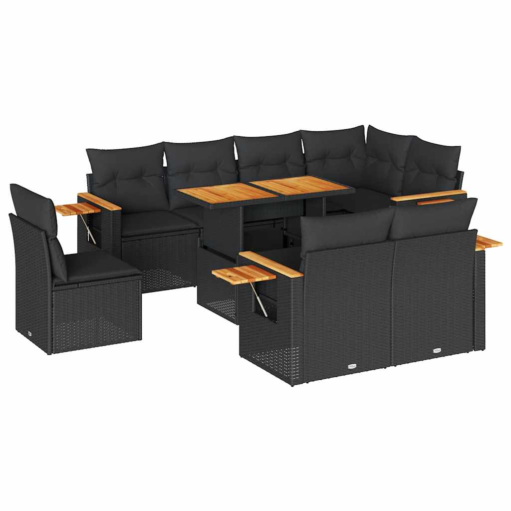 9-tlg. Garten-Sofagarnitur mit Kissen Schwarz Poly Rattan