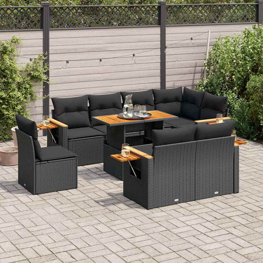 9-tlg. Garten-Sofagarnitur mit Kissen Schwarz Poly Rattan