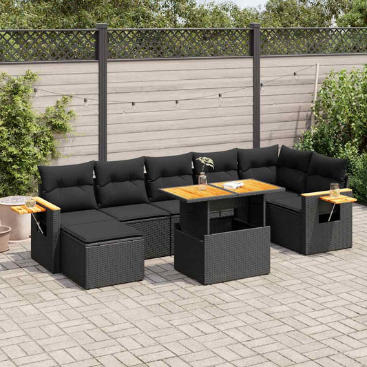 8-tlg. Garten-Sofagarnitur mit Kissen Schwarz Poly Rattan