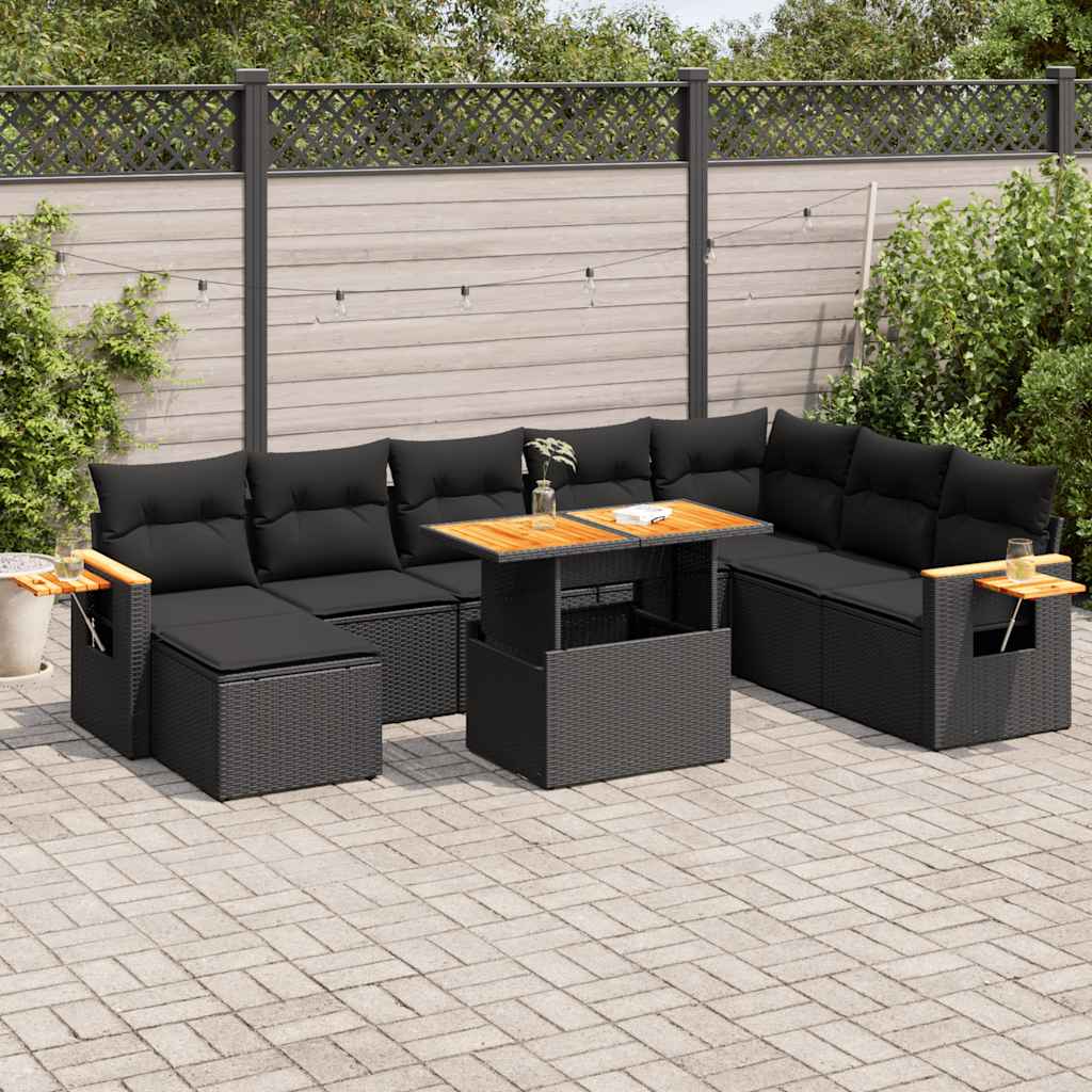 9-tlg. Garten-Sofagarnitur mit Kissen Schwarz Poly Rattan