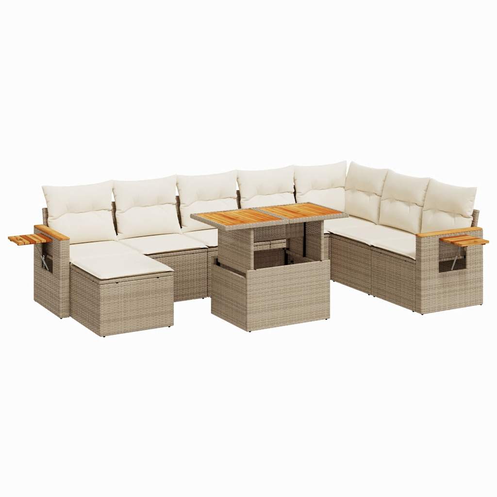 9-tlg. Garten-Sofagarnitur mit Kissen Beige Poly Rattan Akazie