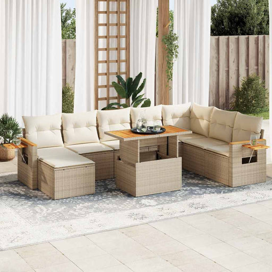 9-tlg. Garten-Sofagarnitur mit Kissen Beige Poly Rattan Akazie