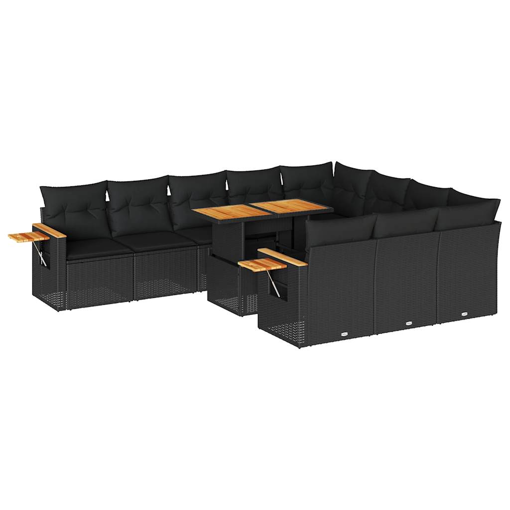 11-tlg. Garten-Sofagarnitur mit Kissen Schwarz Poly Rattan