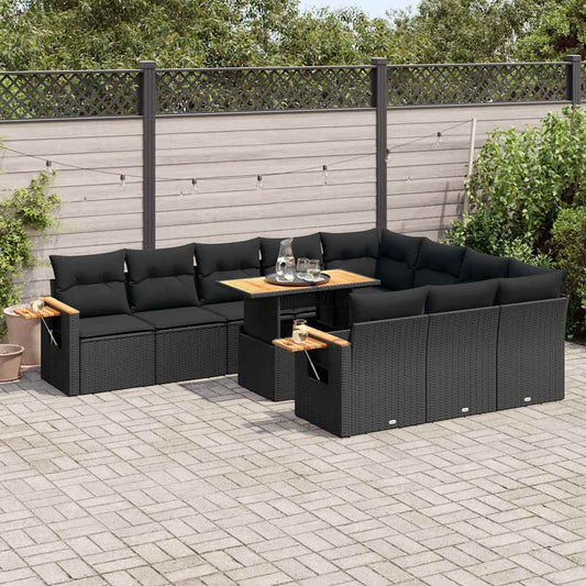 11-tlg. Garten-Sofagarnitur mit Kissen Schwarz Poly Rattan